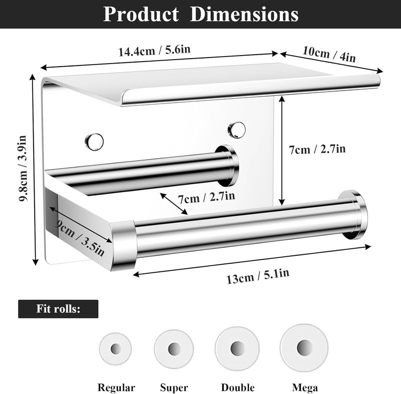 Tindbea Toilet Paper Holder with Phone Shelf, Adhesive or Screw Wall Mount Toilet Tissue Roll Holder, Rustproof & Multifunctional Stainless Steel Bathroom Storage Dispenser (Polished Chrome) - Image 3